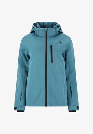 Grønblå vandtæt jakke med høj krave, lommer med lynlås, sorte detaljer og justerbare manchetter. Har et strømlinet, moderne design.