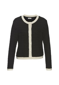 Juodai baltas tekstūruotas kardiganas su ilgomis rankovėmis, apvaliu kaklu, priekyje užsegamas sagomis ir dviem krūtinės kišenėmis.