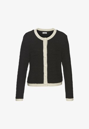 Schwarz-weißer strukturierter Cardigan mit langen Ärmeln, Rundhalsausschnitt, vorderer Knopfleiste und zwei Brusttaschen.