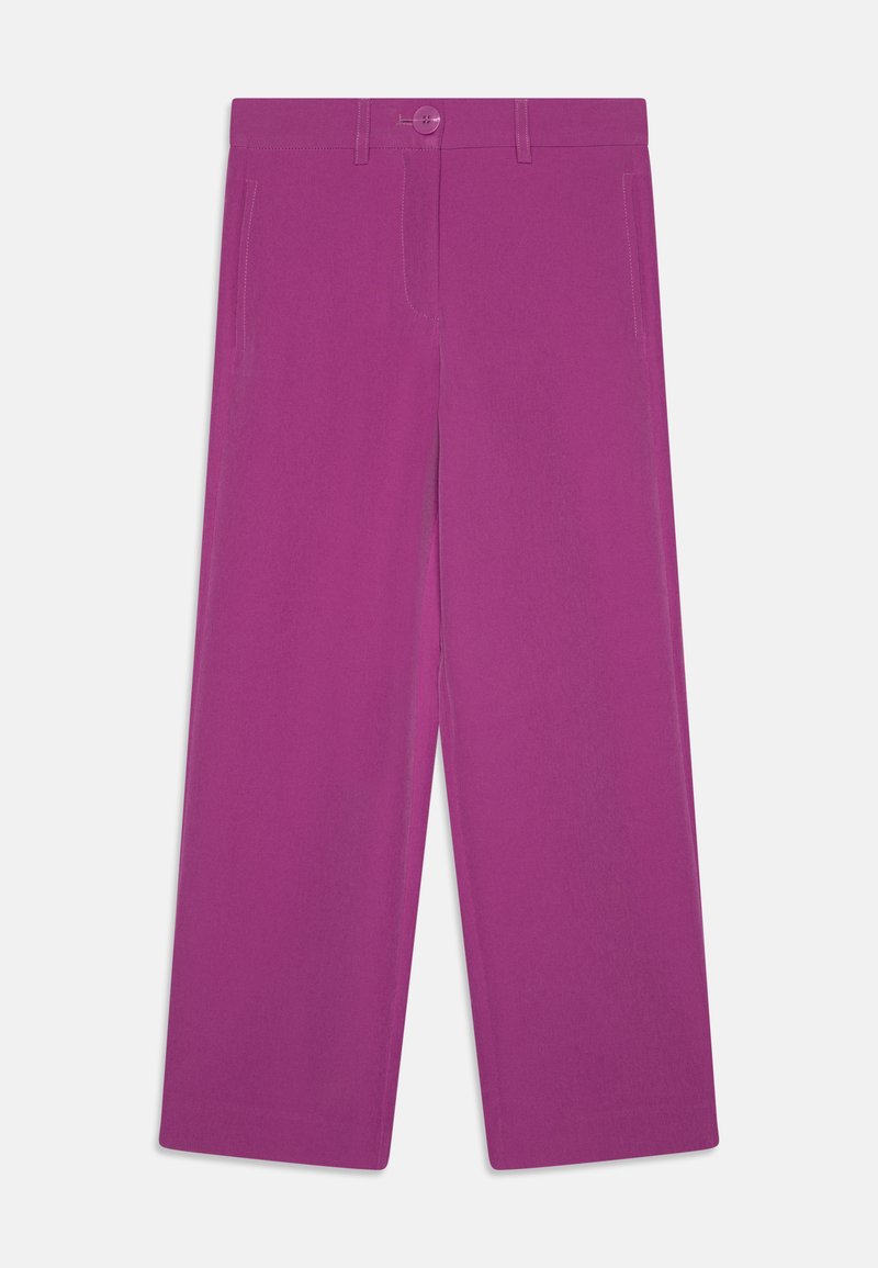 Široke hlače v živahni magenta barvi, izdelane iz gladkega materiala. Imajo zaponko in sprednje žepke.