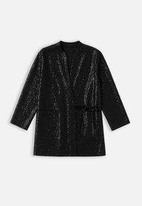 Čierna flitrová bunda s voľným strihom, otvoreným predným dielom, dlhými rukávmi, dvomi prednými vreckami a opaskom na uviazanie v páse.