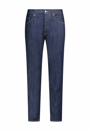 Jeans in denim blu scuro con taglio dritto, cinque tasche, chiusura con bottone e zip e cuciture ben visibili lungo le cuciture.