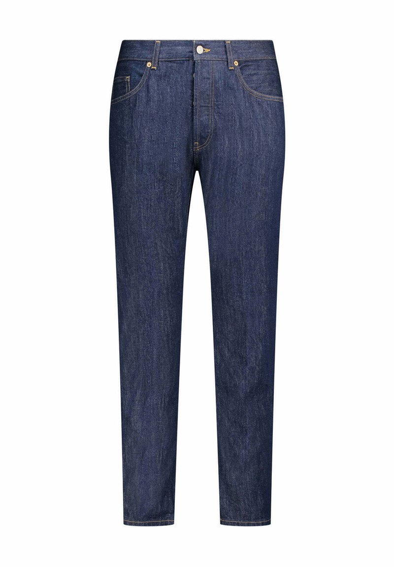 Jeans in denim blu scuro con taglio dritto, cinque tasche, chiusura con bottone e zip e cuciture ben visibili lungo le cuciture.