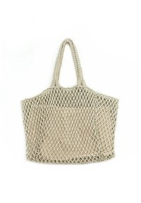 Sac fourre-tout tissé beige clair avec un design en filet ouvert, doté de deux poignées tressées et d'une base solide. Surface texturée avec un matériau flexible.