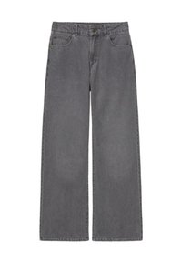 Graue weite Jeans mit Knopf- und Reißverschluss vorne, Gürtelschlaufen und sichtbaren frontalen Taschen.