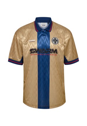 Gold and blue polo shirt featuring a diamond pattern, a blue vertical stripe, and embroidered logo. Includes red accents on the collar and sleeves.