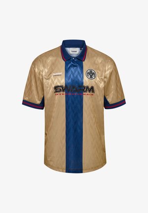 Gold and blue polo shirt featuring a diamond pattern, a blue vertical stripe, and embroidered logo. Includes red accents on the collar and sleeves.