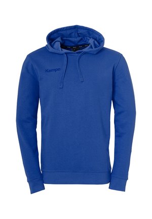 Felpa con cappuccio blu a maniche lunghe con coulisse e logo "Kempa" sul petto sinistro, mostrata su sfondo bianco.
