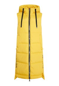 Gilet puffa giallo con cappuccio, zip a tutta lunghezza, due tasche frontali e cordini neri. Presenta una texture trapuntata e spacco laterale.