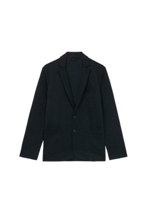 Blazer negro informal con dos bolsillos frontales, dos botones y un cuello con muescas, dispuesto plano sobre un fondo blanco.