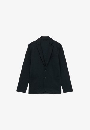 Czarny casualowy żakiet z dwoma przednimi kieszeniami, dwoma guzikami i klapami w kształcie notcha, ułożony na białym tle.