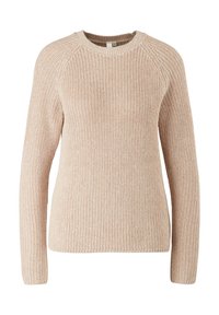 Sweter dziany z okrągłym dekoltem, długimi rękawami raglanowymi i fakturowanym beżowym wzorem. Wykonany z miękkiego materiału o luźnym kroju.