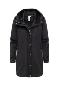 Cappotto lungo nero realizzato in un tessuto morbido e testurizzato. Presenta un cappuccio, una cerniera, bottoni a pressione e tasche laterali per praticità.