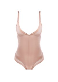 Nagi body z głębokim dekoltem, cienkimi ramiączkami i gładką, elastyczną teksturą. Charakteryzuje się bezszwową konstrukcją i stylem minimalnego zakrycia.