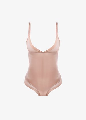 Nagi body z głębokim dekoltem, cienkimi ramiączkami i gładką, elastyczną teksturą. Charakteryzuje się bezszwową konstrukcją i stylem minimalnego zakrycia.