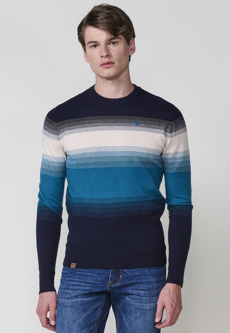 Suéter de hombre de punto con rayas horizontales en azul marino, azul verdoso, azul claro y crema. Cuello redondo, mangas largas y un patrón texturizado.