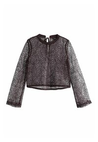 Čipkasti crop top u tamnosmeđoj boji s dugim rukavima, s округлом izrezom, zatvaranjem na leđima u obliku rupe i detaljima u obliku lišća.