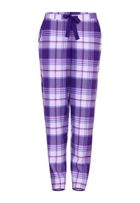 Paarse geruite pyjamabroek met een trekkingkoord in de taille, zijzakken en een taps toelopend ontwerp met een gladde textuur.