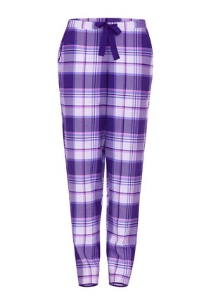 Pantalones de pijama de cuadros morados con cintura ajustable, bolsillos laterales y un diseño de pierna ajustada con una textura suave.