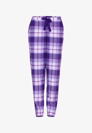 Paarse geruite pyjamabroek met een trekkingkoord in de taille, zijzakken en een taps toelopend ontwerp met een gladde textuur.