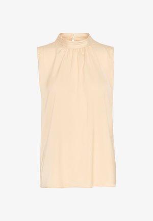 Mouwloze lichtbeige top met een hoge hals, voorzien van geplooide details en een kleine opening met knoop aan de achterkant. Zachte stof met een gladde textuur.