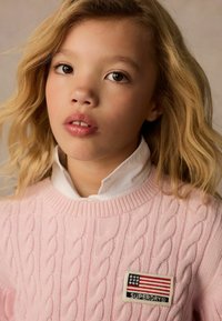 Rozā džemperis ar kabelveida ad�ījumu, ar ribinātu apkakli un izšūtu uzšuvi, kurā redzama Amerikas karoga un "SUPERDRY" uzlīmes. Redzama balta krekla apkakle.