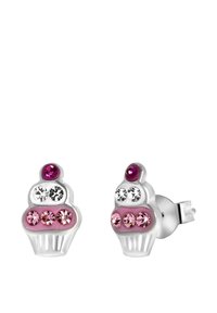 Oorbellen in de vorm van cupcakes met zilverkleurig metaal, roze emaille en rhinestones in roze, wit en paarse kleuren.