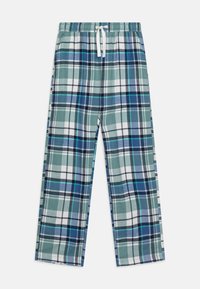 Kariertes Lounge-Hose in Grüntönen, Blau und Weiß. Mit elastischem Bund und Kordelzug, weitem Bein und weichem Stoff.