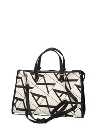 Borsa strutturata bianca con un motivo geometrico nero. Presenta due manici neri, una tracolla removibile e una chiusura con zip.