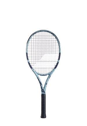Tennispaddle met een lichtblauw frame, zwarte grip en een patroonontwerp op de hals. Bevat een standaard snarenpatroon met open lattice.