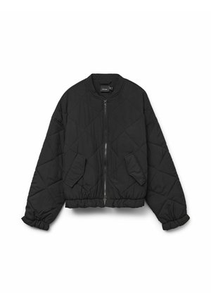 Veste bomber matelassée noire avec fermeture éclair à l'avant, poignets côtelés et deux poches avant. Tissu doux avec une finition lisse.
