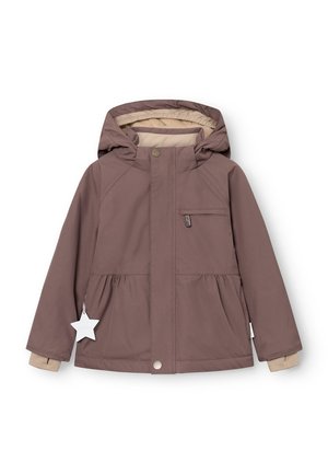 Brun, hettejakke med beige fôr og peplum-detalj, med en glidelåslomme på brystet og et stjernetagg festet.
