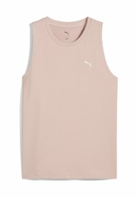 Top senza maniche Puma di colore rosa chiaro, in tessuto testurizzato, con scollo rotondo, caratterizzato da un logo bianco ricamato sul petto. Design semplice, senza motivi.