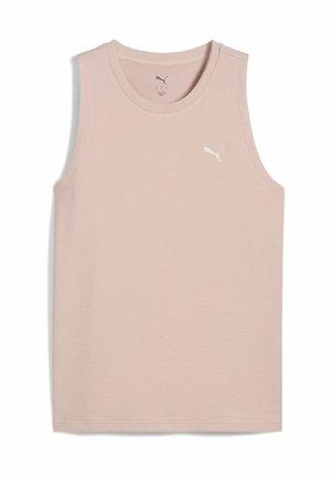 Top senza maniche Puma di colore rosa chiaro, in tessuto testurizzato, con scollo rotondo, caratterizzato da un logo bianco ricamato sul petto. Design semplice, senza motivi.