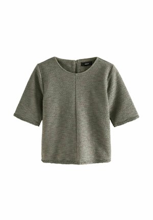 Kortærmet, tekstureret grå striktop med rund halsudskæring og lynlås bagpå, mærket "NEXT".