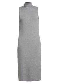 Grå ribbad stickad ärmlös klänning med hög halsringning, något figursydd silhuett och knälång fåll. Mjuk textur med vertikalt mönster.