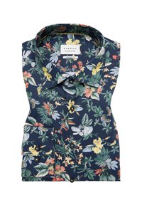 Navy overhemd met bloemmotief in een comfortabele pasvorm. Beschikt over een klassieke kraag, zwarte knopen en levendige groene, gele en rode bloeiende prints.