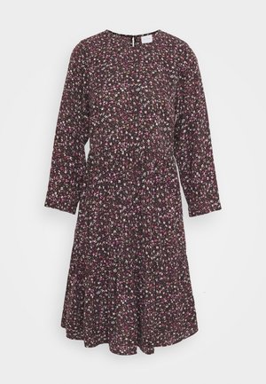 Dark floral long-sleeve dress with pink, white, and brown tiny flowers, round neckline, and slightly flared skirt.