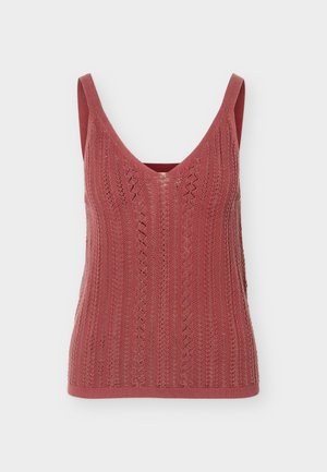 Débardeur tricoté sans manches en rose poudré avec un col en V et des détails ajourés verticaux à motif.