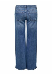 Jean en denim bleu à jambes larges avec une taille mi-haute, deux poches arrière et un ourlet droit. Le tissu a une finition lisse et légèrement texturée.