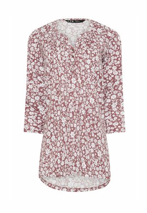 Pitkähihaista tunikaa maroonin värissä, jossa on valkoinen kukkakuosi. Mallissa on pyöreä kaula-aukko, napitus ja kaareva helma, joka tarjoaa rentoa istuvuutta.