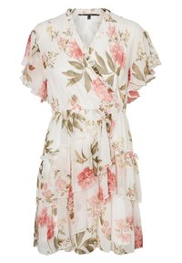 Kukkakuosinen mekko kevyestä, läpikuultavasta kankaasta. Ominaisuuksiin kuuluu lyhyet heiluvat hihat, kietaisumalli, röyhelökerrokset sekä vaaleanpunaisia ja vihreitä yksityiskohtia.