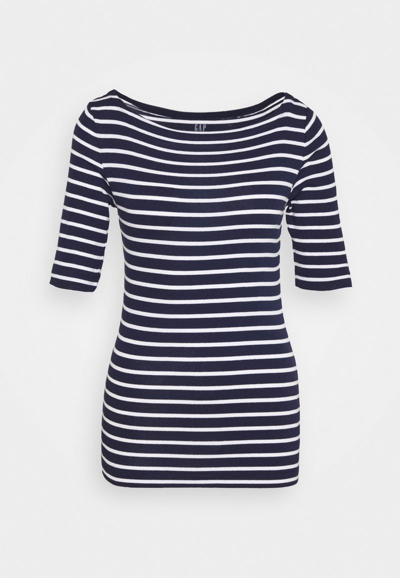 Chemise ajustée à rayures horizontales bleu marine et blanc, manches aux coudes et large encolure ronde.