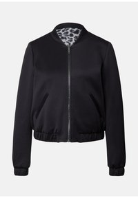 Schwarze Bomberjacke mit Reißverschluss, elastischen Bündchen und Saum, schrägen Fronttaschen und einem im Kragen sichtbaren Leopardenmuster-Futter.