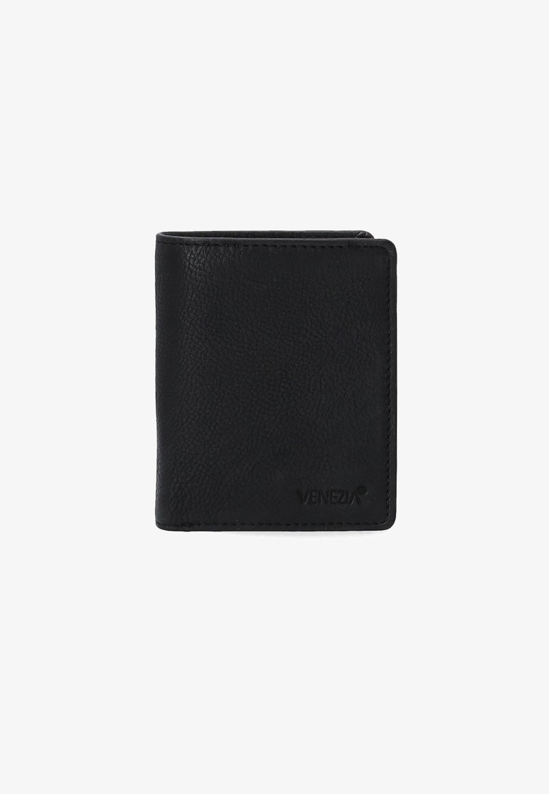 Zwarte leren portemonnee met een gestructureerd oppervlak, bi-fold ontwerp en een gegraveerd "Venezia" logo aan de voorkant. Compacte en rechthoekige vorm.