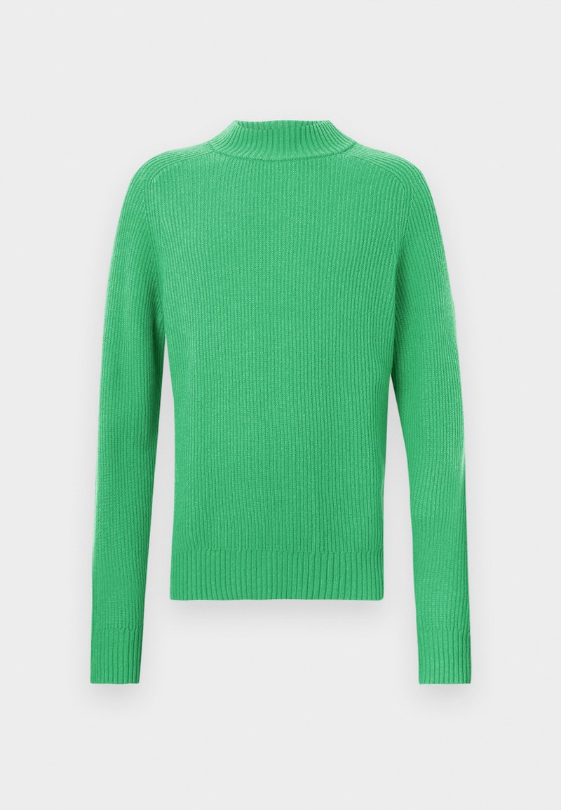 Pull en maille côtelée vert avec un col montant et des manches longues. Le tissu est texturé et élastique, avec des bords droits et plats.