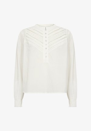 Bela bluza z dolgimi rokavi z nabranim ovratnikom, dekorativnimi čipkastimi detajli in gumbi po sprednji strani. Nabranimi manšetami.