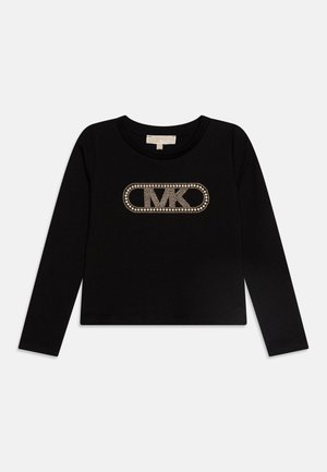 T-shirt noir à manches longues avec un col rond. Arbore un logo "MK" orné de strass au centre. Tissu doux, design ajusté.