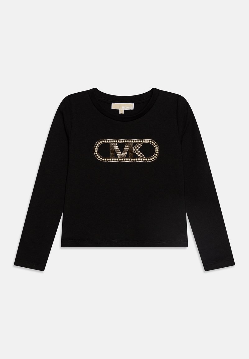 T-shirt noir à manches longues avec un col rond. Arbore un logo "MK" orné de strass au centre. Tissu doux, design ajusté.