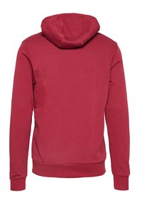 Felpa rossa con tasca a marsupio, maniche lunghe e polsini a coste. Tessuto liscio, cappuccio sul retro e design minimalista.